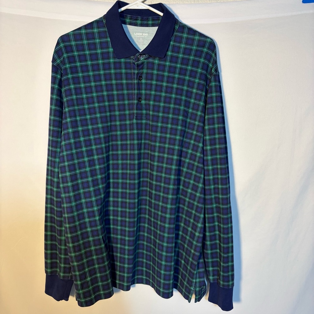 Lands’ End Traditional Fit Blue Green Plaid Shirt XL